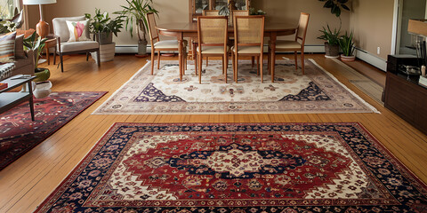 A living room with several area rugs placed on the floor