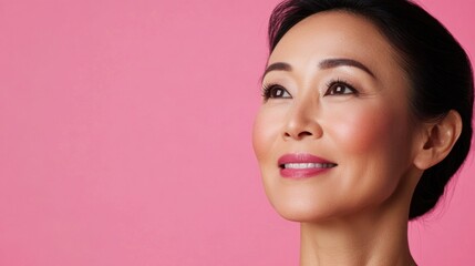 Fototapeta premium Elegant Asian Woman with Confident Expression Against Pink Background