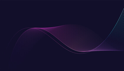 Dark abstract background featuring glowing, flowing wave lines in a modern purple-to-blue gradient. Futuristic design with shiny, smooth motion, perfect for technology-inspired visuals. Vector 