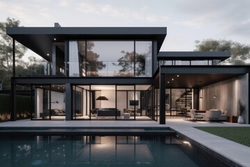 Fototapeta premium Modern Black House with Pool and Expansive Windows