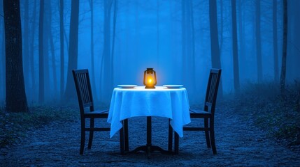 Fototapeta premium Romantic Outdoor Dinner Setting with Lantern in Misty Forest at Dusk