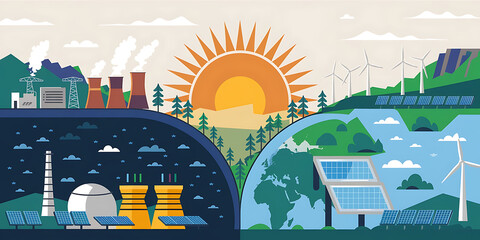An illustration of a globe transitioning from fossil fuels to renewable energy