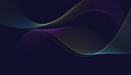 Dark abstract background featuring glowing, flowing wave lines in a modern purple-to-blue gradient. Futuristic design with shiny, smooth motion, perfect for technology-inspired visuals. Vector 