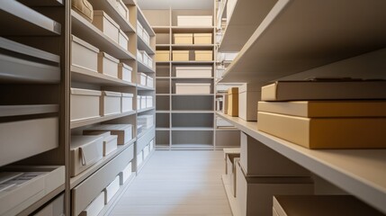Minimalist modern storage room with clean, functional design. Featuring neutral tones and sleek shelving