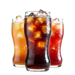 Three frosty glasses of soda pop with ice cubes on a dark background