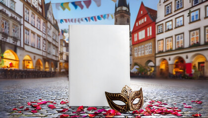 A striking mock up features a blank white magazine cover standing upright on a quaint cobblestone street, complemented by a decorated carnival mask and scattered rose petals