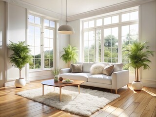 Fototapeta premium White Living Room Couch & Rug - Modern Minimalist Interior Design Photography