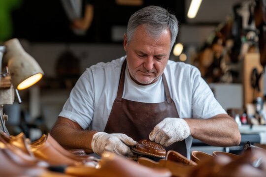 An experienced shoemaker meticulously shapes and crafts high-quality leather shoes, emphasizing craftsmanship and artisanal skills in this traditional trade and its artistry.