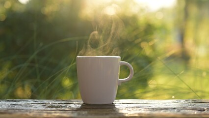 Relaxing Morning with a Hot Drink Enjoying Americano Espresso or Tea in a Serene Outdoor Environment
