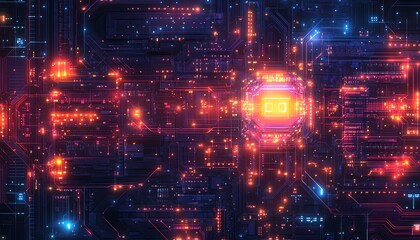 Obraz premium Futuristic artificial intelligence and neuronal network concept, intricate circuits and neural pathways, glowing with vibrant colors, Generative AI illustration