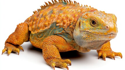 Obraz premium Vibrant orange and teal lizard isolated on white background.