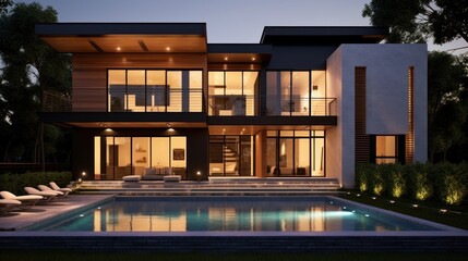Obraz premium Modern Two Story House With Pool At Night