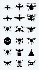 A black silhouette illustration of 16 tiny drones and planes icons on a white background