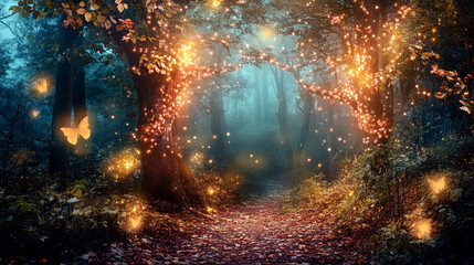 Fototapeta premium Enchanting forest pathway illuminated by glowing lights and butterflies at twilight