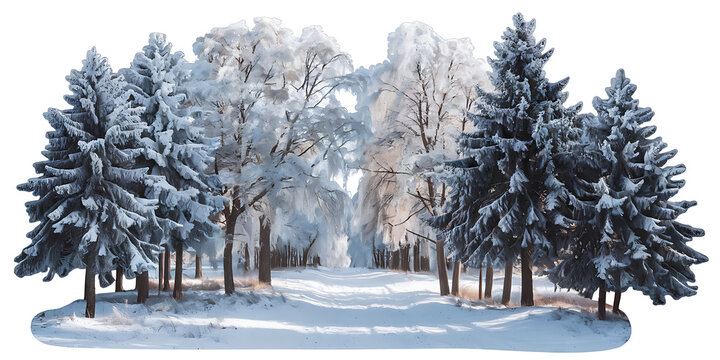 A winter forest with snowy trees and a path