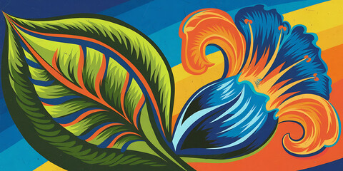 A vibrant, stylized illustration of a blue and orange flower with a stylized leaf