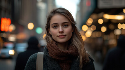 Obraz premium Young woman with long hair smiles on a busy urban street during twilight with soft lights in the background