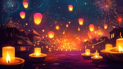 Diwali artwork with glowing diyas, colorful firecrackers, sky lanterns soaring, and a fireworks-lit night sky to mark Bhai Dooj.