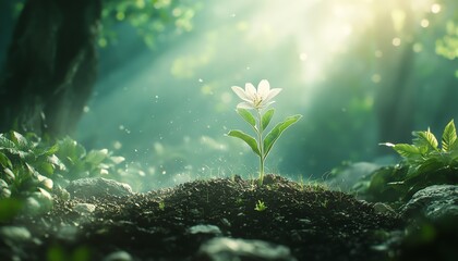 Fototapeta premium Growing new plant emerging from the soil, surrounded by sunlight, natural growth, and flourishing greenery, Generative AI digital art