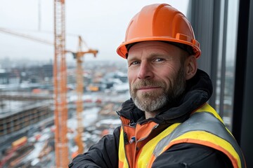 Fototapeta premium A focused construction worker with an orange hard hat and reflective attire gazes confidently out at the bustling construction site, showcasing his dedication and expertise in the field.