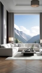 view of a living room with a large window and a couch