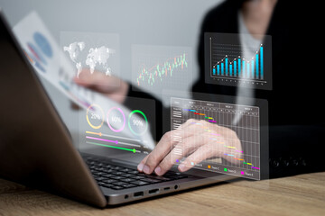 Business plan schedule analysis of the year, Business Enterprise data management concept, Businesswoman plan and set goal for organizational performance, Data marketing analytics, Metrics and KPI