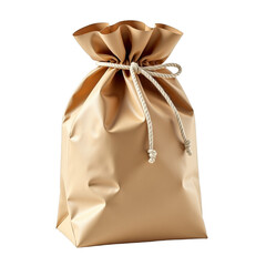 A brown gift bag with a white string tied into a bow