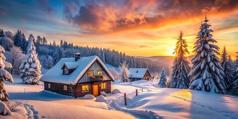 Fototapeta premium Winter Cottage Orlicke Hory Czech Republic Bokeh Photography Snow Landscape Scenic View