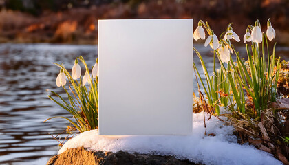 A blank magazine cover mock up stands tall on a snowy boulder, overlooking a peaceful pond. Snowdrops bloom nearby, hinting at early spring amid the winter backdrop