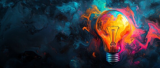 Fototapeta premium Liquid glass lightbulb filled with vibrant colors, symbolizing a burst of creativity and innovative ideas, glowing in a dark, artistic background, Generative AI digital art