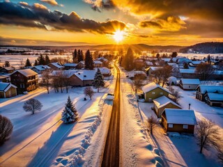 Obraz premium Winter Silhouette Road Photography: Small Town Snowy Scene, Dramatic Sunset, Rural Landscape