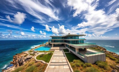 Obraz premium Oceanfront majesty: striking concrete and steel mansion ocean front property ocean property house home beach real estate