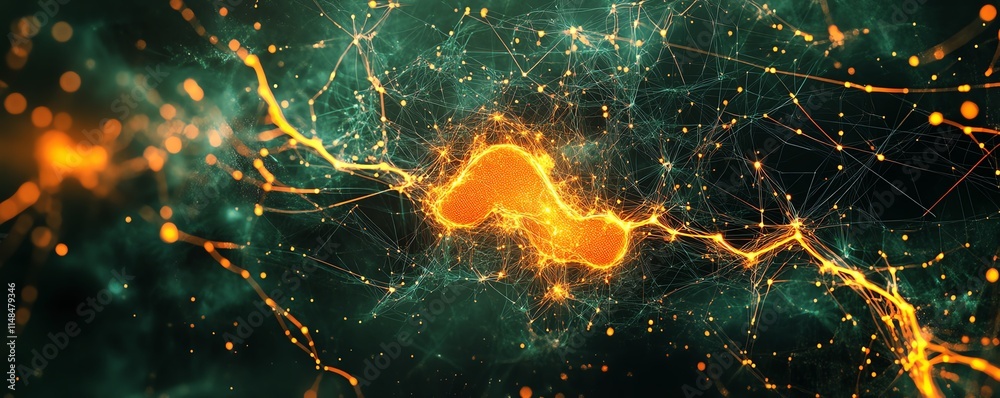 Poster neuronal network and artificial intelligence circuits, digital brain with glowing connections, neura