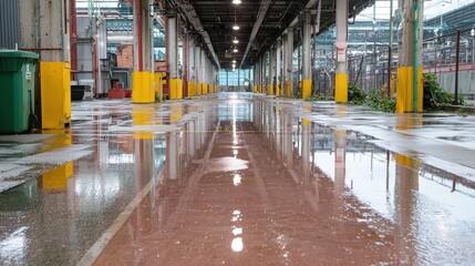 Wet floor in a large industrial building with reflections.