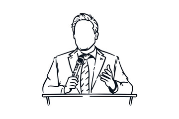 Politicians or businessmen giving speechs in front of the public, hand drawn line sketch vector illustration