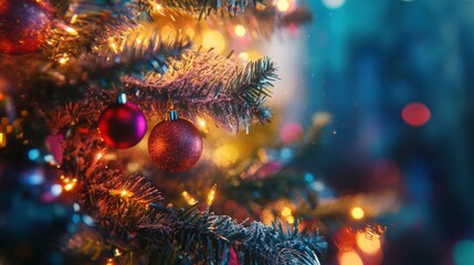 Macro Christmas Tree Close-up with Decorations.