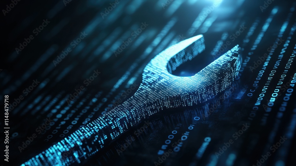 Poster digital wrench in binary code background for technology concept
