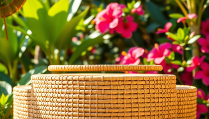 Wicker podium with vibrant floral backdrop