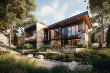 Obraz premium Modern Wood And Stone House In Wooded Setting