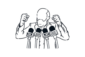 Politicians or businessmen giving speechs in front of the public, hand drawn line sketch vector illustration