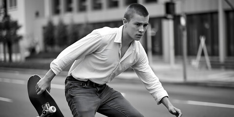 A black and white photo of a young man with a white shirt riding a skateboard