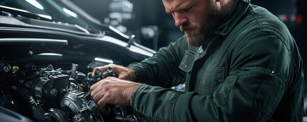 Fototapeta premium Mechanic repair concept with engine adjustment. Mechanic repairing an engine in a dimly lit workshop
