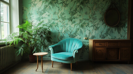 Cozy vintage chair in a botanical-themed room with green wallpaper and natural light