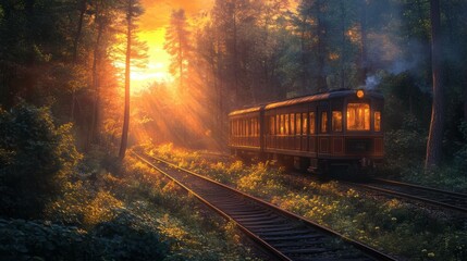 Fototapeta premium Train Traveling Through a Forest at Sunset.