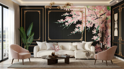 Elegant living room with pink cherry blossoms on black wall.
