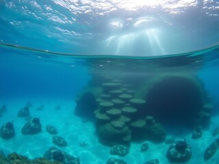 Sunlit Underwater Scene: Exploring a Rock Formation in the Mediterranean Sea AI Generated