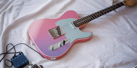  of a pink and purple electric guitar on a white background