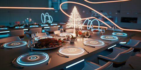  of a futuristic Christmas dinner table with holographic plates, a glowing tree centerpiece, and abstract lighting
