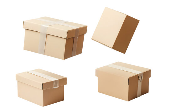 Floating cardboard boxes isolated on a transparent background
