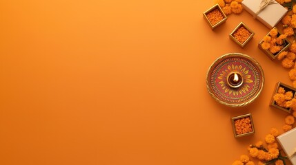 Diwali celebration photo with brass diya and rangoli design. Small gift boxes and marigold garlands surround the diya. Orange backdrop with copy space. Traditional Indian festival.